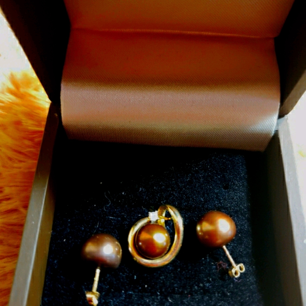 14K SOLID YG 9.7 MM EACH ROUND CHOC TAHITIAN SET - Picture 5 of 11